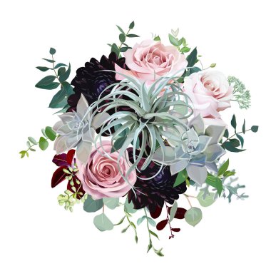 Koyu bordo dahlia, tillandsia etli, solgun gül, okaliptüs, yeşillik