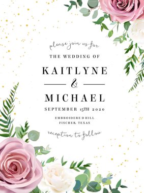 Tasarım Düğün çerçeve tozlu pembe, kremsi beyaz antika gül, solgun çiçekler vektör