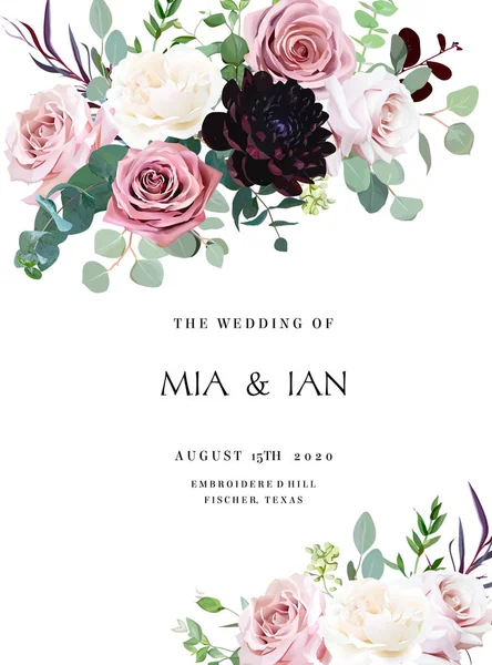 Staubiges Rosa, cremiges Weiß Antik-Rose, blasse Blumen Vektor-Design Hochzeitsrahmen — Stockvektor