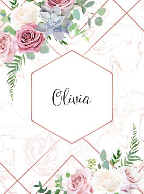 Tozlu pembe, kremsi beyaz antika gül, echeveria etli, solgun çiçekler