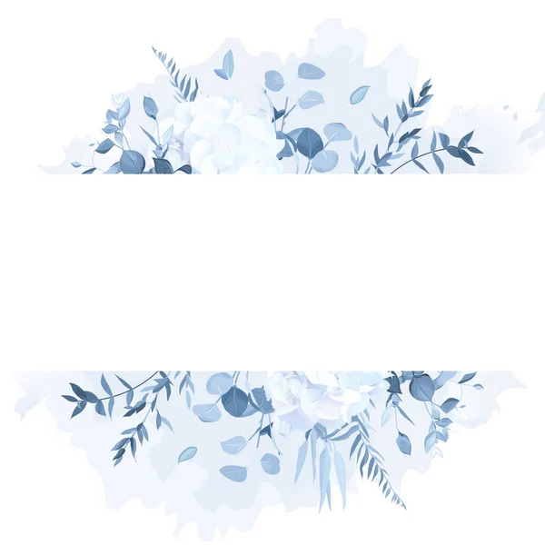 Ramos azuis empoeirados, hortênsia branca, moldura de design de vetor de respingo de aquarela —  Vetores de Stock