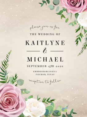 Tasarım Düğün çerçeve tozlu pembe, kremsi beyaz antika gül, solgun çiçekler vektör.