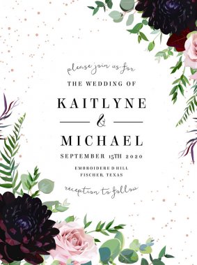 Tozlu pembe antika gül, koyu bordo dahlia çiçek vektör tasarım düğün çerçevesi