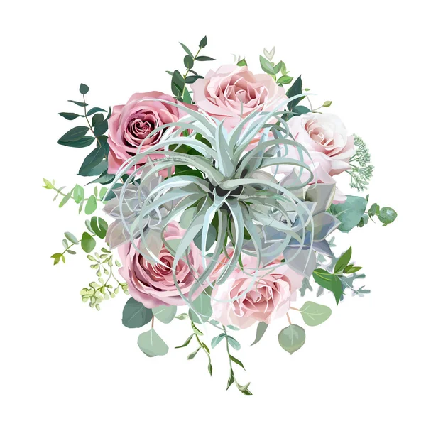 Tillandsia, Echeveria succulents, bledě prašná růžová růže, eukalytus, zeleně — Stockový vektor