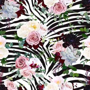 Zebra çizgili hayvan ve çiçek vektör deseni