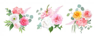 Pembe, mercan ve sarı gül, beyaz ortanca, karanfil, papaver