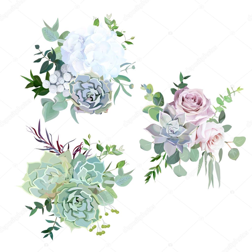 Echeveria blue, grey, mint succulents, white hydrangea, pale pink and lavender rose,greenery