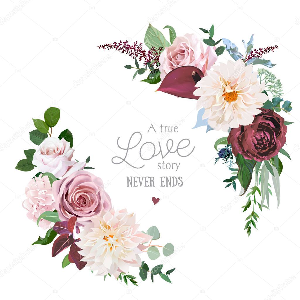 Floral vector round frame of cinnamon, brown, dusty pink, marsala roses