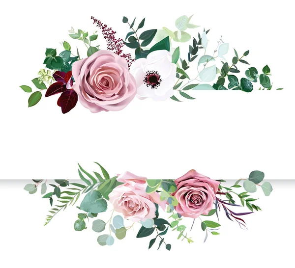 Staubig rosa Rose, blasse Blüten, weiße Anemone horizontal botanisches Vektordesign Banner — Stockvektor