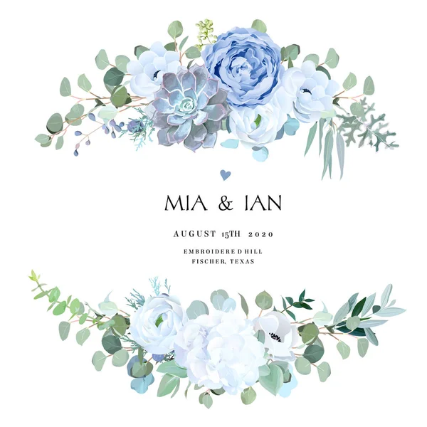 Rose bleue poussiéreuse, echeveria succulente, hortensia blanche, ranunculus, anémone — Image vectorielle