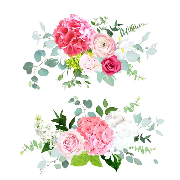 Rosa och vit Hydrangea, röd ros, Ranunculus, pion, Iris Eucalyptus — Stock vektor