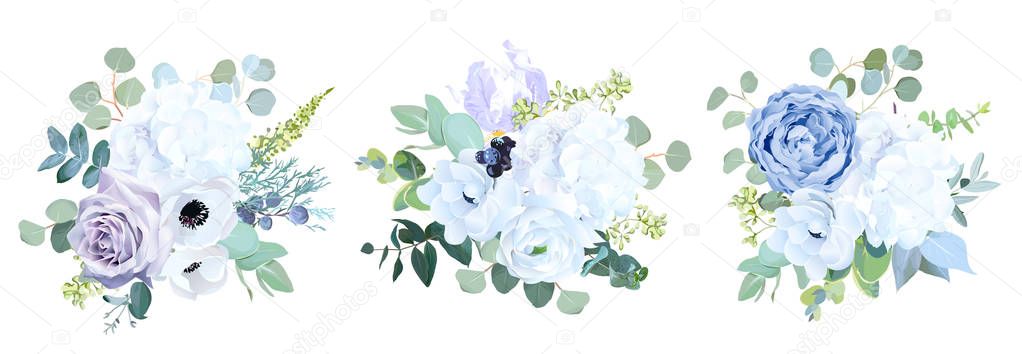 Dusty blue, pale purple rose, white hydrangea, ranunculus, iris,anemone flower