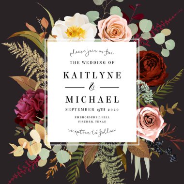 Pas turuncu gül, şakayık, ranunculus, bordo astilbe, eğrelti otu, okaliptüs vektör tasarımı