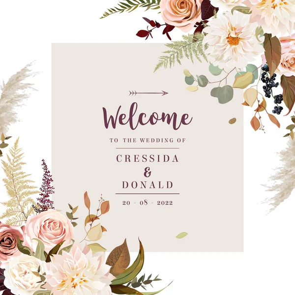 Moody boho chic matrimonio vettore cornice di design . — Vettoriale Stock