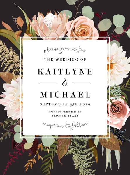 Pas kral protea, portakal gül, fildişi dahlia, bordo astilbe