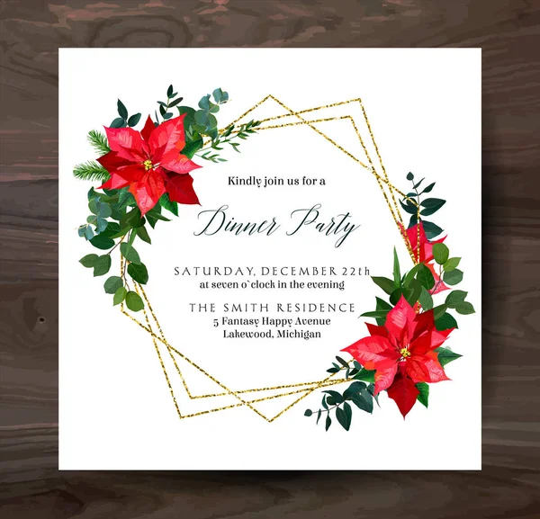 Red poinsettia flowers, christmas greenery, mix of seasonal plants vector design frame — Stock Vector