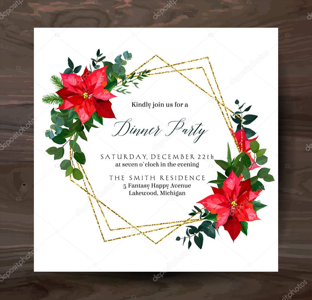 Red poinsettia flowers, christmas greenery, mix of seasonal plants vector design frame