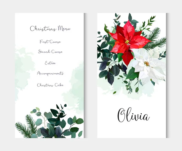 Fleurs de poinsettia rouges et blanches, verdure de Noël, eucalyptus émeraude — Image vectorielle