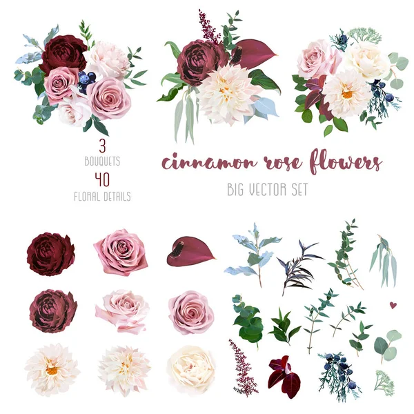 Wüste Zimt, braune, staubig rosa und cremige Rosen, Dahlie, Burgunder Anthurium — Stockvektor