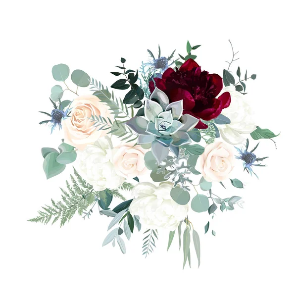 Ασημί φασκόμηλο πράσινο, ροζ ρουζ, μπορντό κόκκινα και λευκά λουλούδια — Διανυσματικό Αρχείο