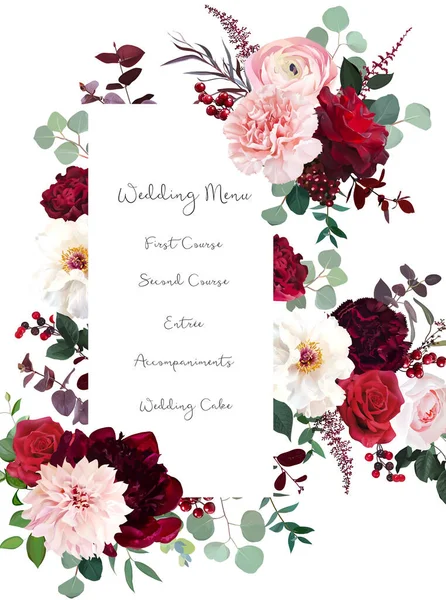 Κλασικά πολυτελή κόκκινα τριαντάφυλλα, γαρύφαλλο marsala, λευκό παιωνία, μούρο, ranunculus — Διανυσματικό Αρχείο