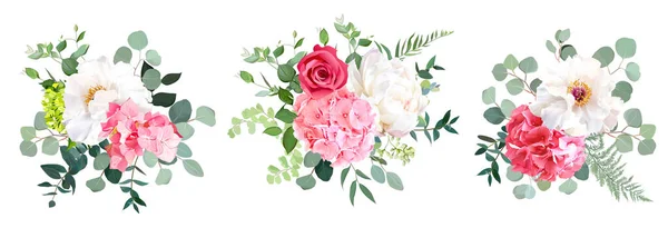 Rosa hortensia, ros, vit pion, salvia grönska, blommor, eukalyptus vektor samling — Stock vektor