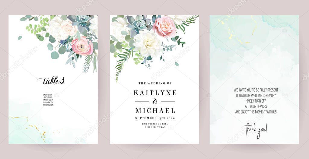 Silver sage green, mint, blue, white flowers vector design spring cards
