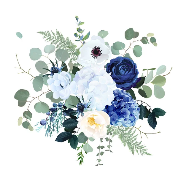 Rose bleue classique, hortensia blanche, ranunculus, anémone, fleurs de chardon, vert émeraude — Image vectorielle