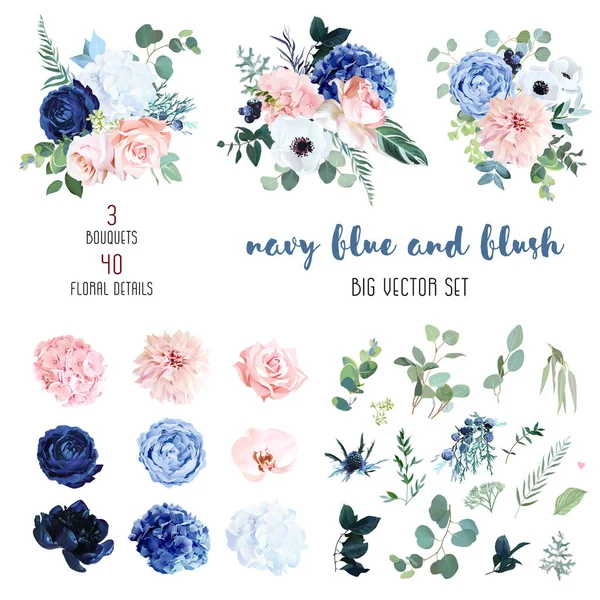 Classic navy blue, white, blush pink rose, hydrangea, ranunculus, orchid — Stock Vector