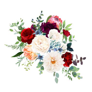 Beyaz ranunculus, klasik kırmızı gül, protea, mor şakayık, yıldız çiçeği.