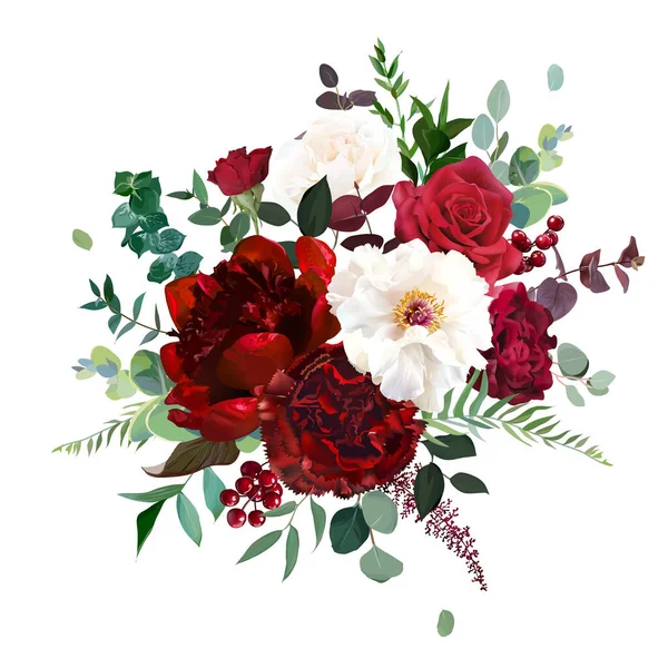Класична розкішна червона троянда, гвоздика, біла півонія, ягода, бордель, смарагд евкаліпт — стоковий вектор