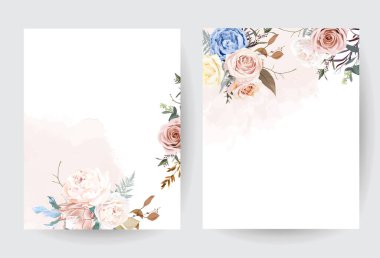Çöl tozlu kahverengi ve sarı gül, bej şakayık, pastel pembe protea, mavi ranunculus.