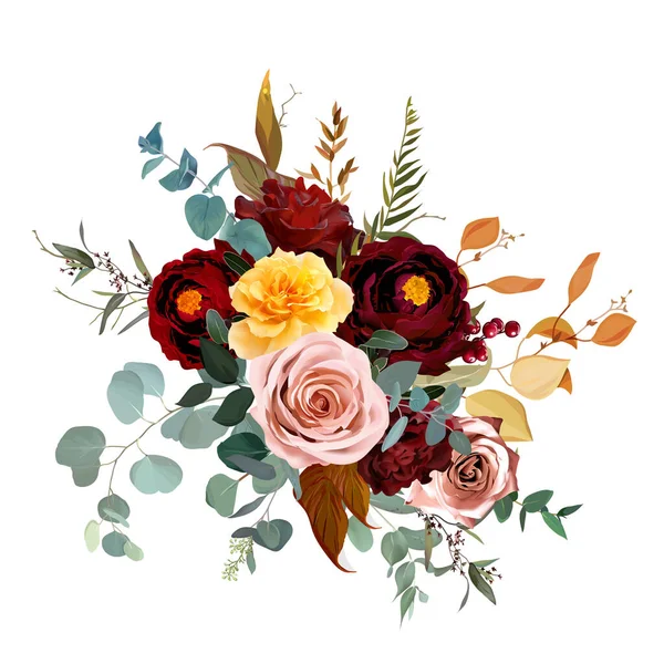 Hořčičná žlutá a zaprášená růžová růže, vínově červená dahlia, smaragdově zelená a teple modrá eukalyptus — Stockový vektor