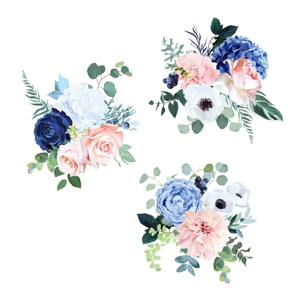 전형적 인 해군 청색, 흰색, 붉은 분홍색 장미 , hydrangea, ranunculus, dahlia — 스톡 벡터