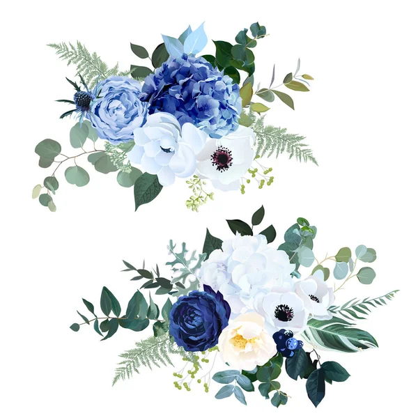 Rose bleue marine classique, hortensia blanche, ranunculus, anémone, fleurs de chardon noir — Image vectorielle