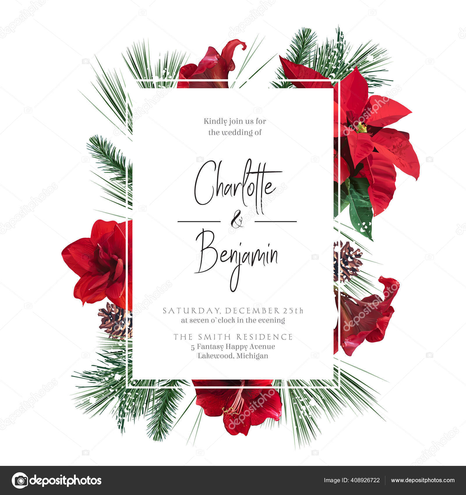 Merry Christmas Floral Vector Bouquet Red And White Amaryllis