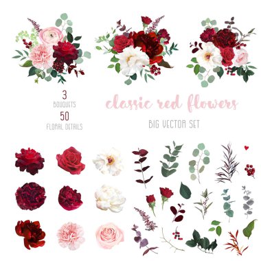 Klasik lüks kırmızı ve şeftali güller, pembe karanfil, ranunculus, yıldız çiçeği