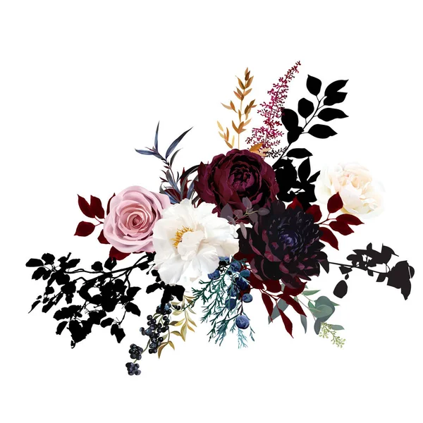 Borgonha vermelho e rosa empoeirado flores glamour vector design bouquet —  Vetores de Stock