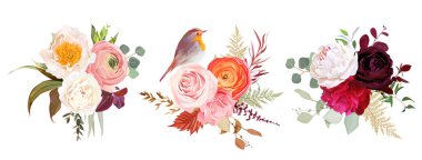 Peachy rose, white and burgundy red peony, orange ranunculus, karanfil