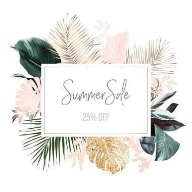 Tropik zarif pastel çerçeve egzotik ve kurumuş palmiye yapraklarından düzenlenmiş.