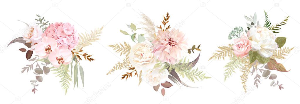 Dusty pink and ivory beige rose, pale hydrangea, peony flower, fern, dahlia