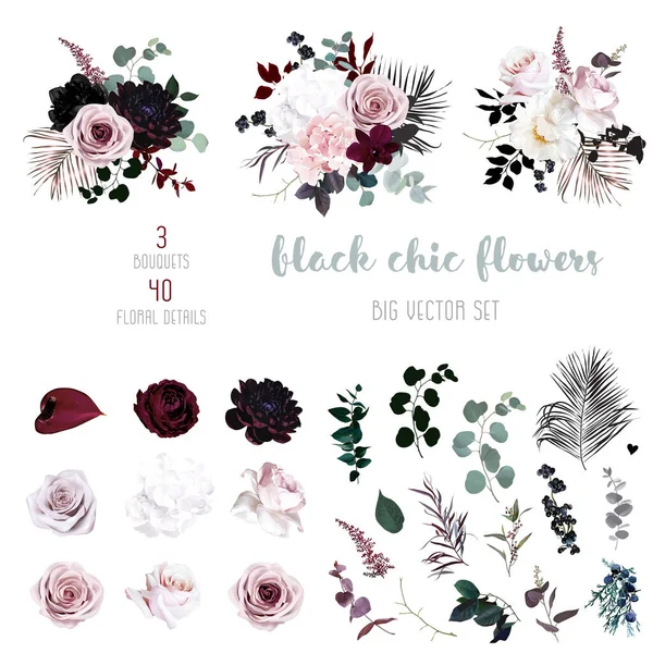 Staubrosa, pastellfarbene, schwarze Blumen großes Vektor-Design-Set. — Stockvektor