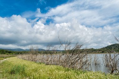 Lake Baratz, manzara Porto Ferro plaja yakın, Sardunya, bulutlu bir günde bahar