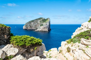 Güneşli bir yaz Sardunya kıyılarında Foradada ada manzara