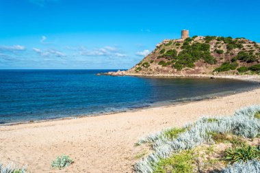 Sardunyalı sahil ve plaj Porticciolo - Alghero - yaz bulutlu sabah görünümü
