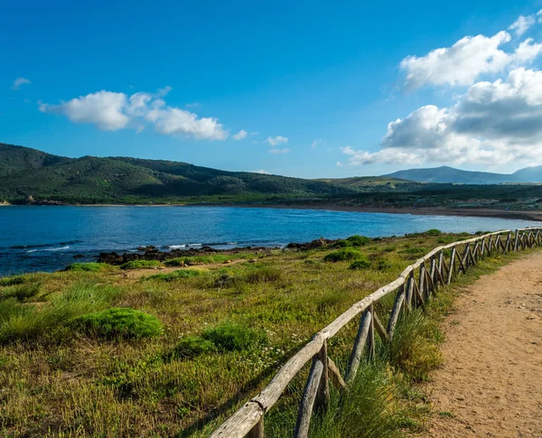 Sardunyalı sahil ve plaj Porto Ferro yaz bulutlu sabah görünümü