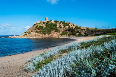 Sardunyalı sahil ve plaj Porticciolo - Alghero - yaz bulutlu sabah görünümü