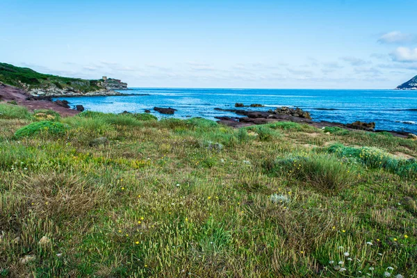 Pohled Pobřeží Sardinie Pláž Porto Ferro Pošmourné Ráno Letní — Stock fotografie