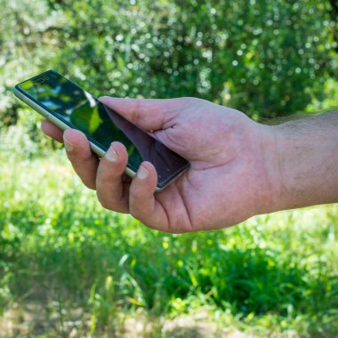 Erkek el güneşli bir günde bir bahçede bir smartphone kullanarak closeup