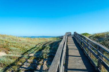 Sahilde ahşap podyum ına yazın güneşli günü